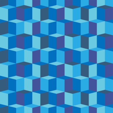 Geometrik / izometrik mavi küpler - kusursuz desen. Tek renkli soyut yinelenen arka plan. Vektör illüstrasyonu. 