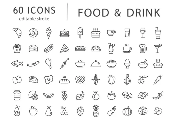 Food Drink Line Icon Set Editable Stroke Outline Collection Symbols — Stock Vector