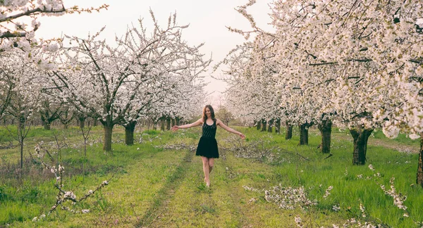 Beautiful brunette girl enjoy a spring garden with blossom — Stock Photo, Image