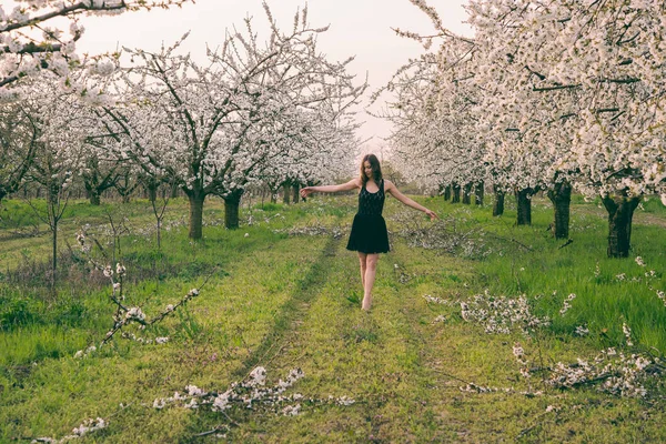 Hermosa chica morena disfrutar de un jardín de primavera con flor — Foto de Stock