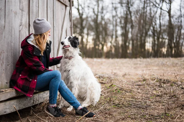 Mulher Relaxante Com Seu Cão Natureza — Fotografia de Stock