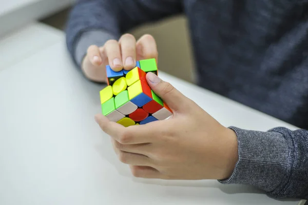 Perm Russia September 2019 Rubik Cube Hands Boy Child Holds — 스톡 사진