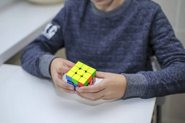 Perm Russia September 2019 Rubik Cube Hands Boy Child Holds — Stock Photo, Image