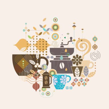 Kahve illüstrasyon kavramı çeşitli kurumsal iş, Dekorasyon, Web sitesi, kurumsal iş, broşür, kapak, broşür, el ilanı, afiş düzen için geometrik ve mix grafik ile. vektör çizim