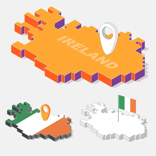 Banderas de Irlanda en el elemento de mapa y forma isométrica 3D aisladas en el fondo, ilustración vectorial — Vector de stock