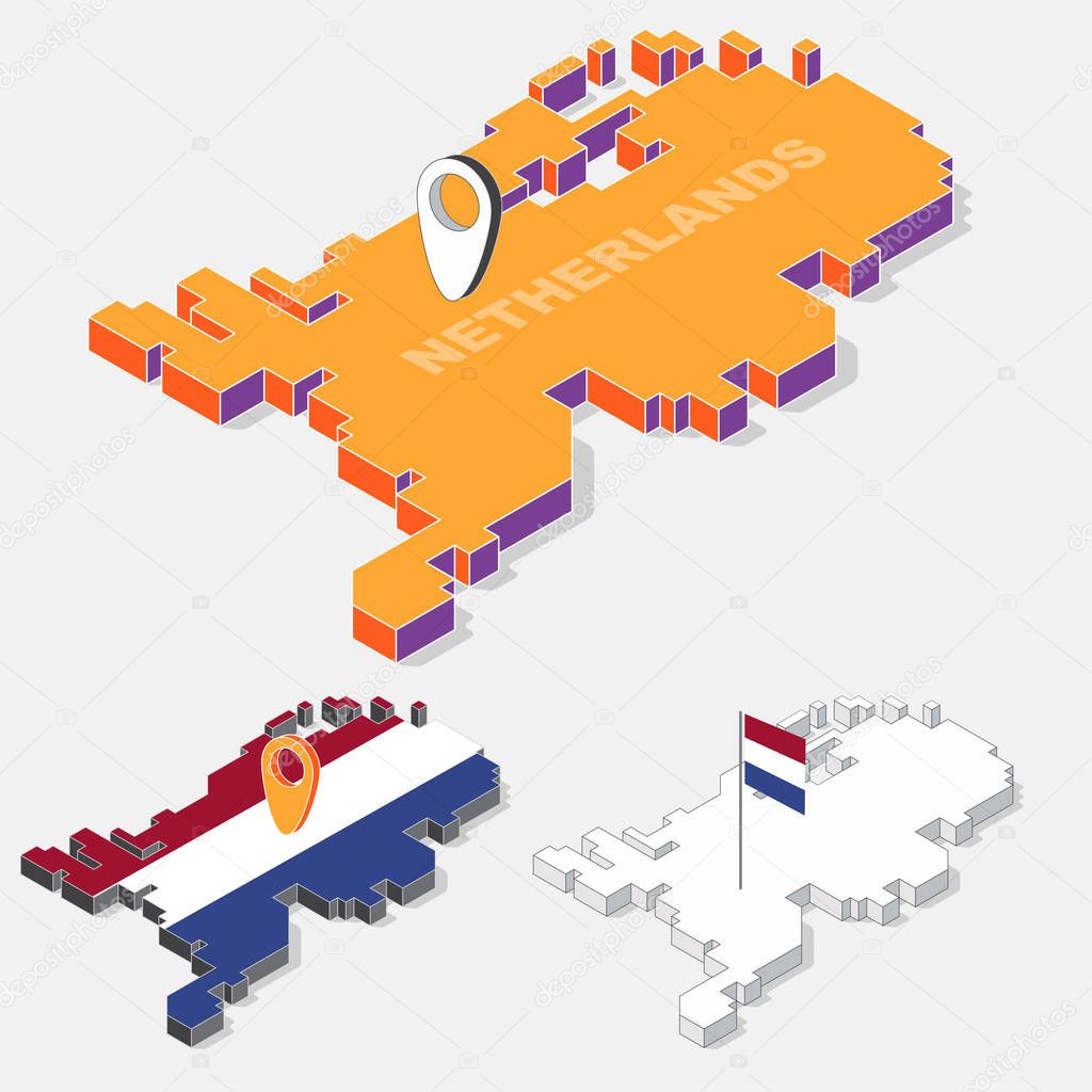Netherlands flag on map element with 3D isometric shape isolated on background, vector illustration