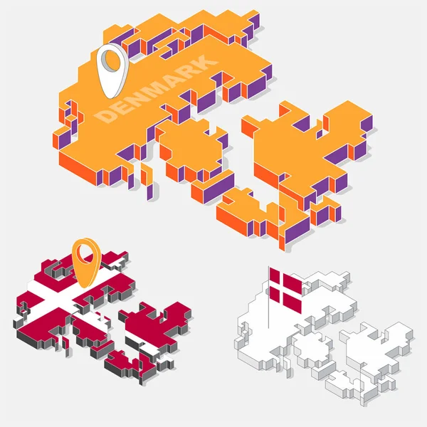Bandera de Dinamarca en el elemento mapa con forma isométrica 3D aislada sobre fondo, ilustración vectorial — Vector de stock