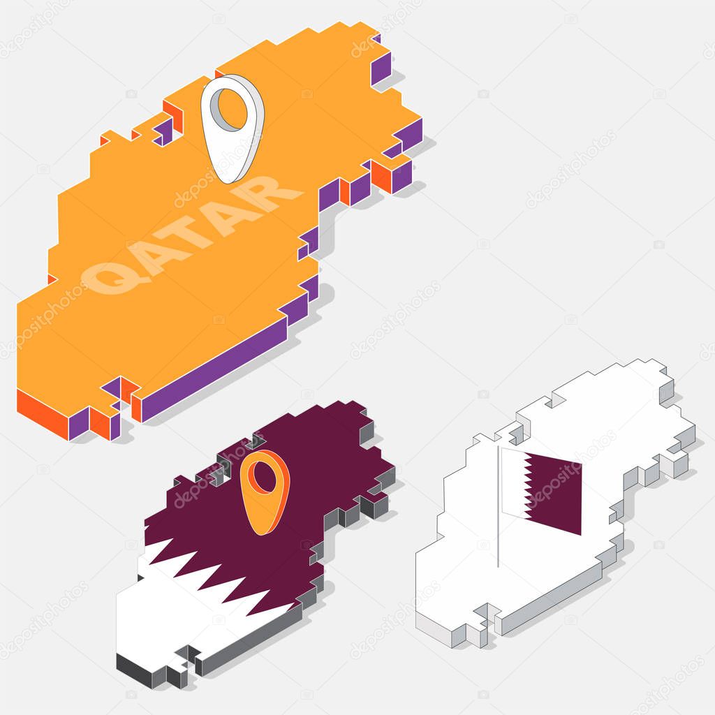 Qatar flag on map element and 3D isometric shape isolated on background, vector illustration