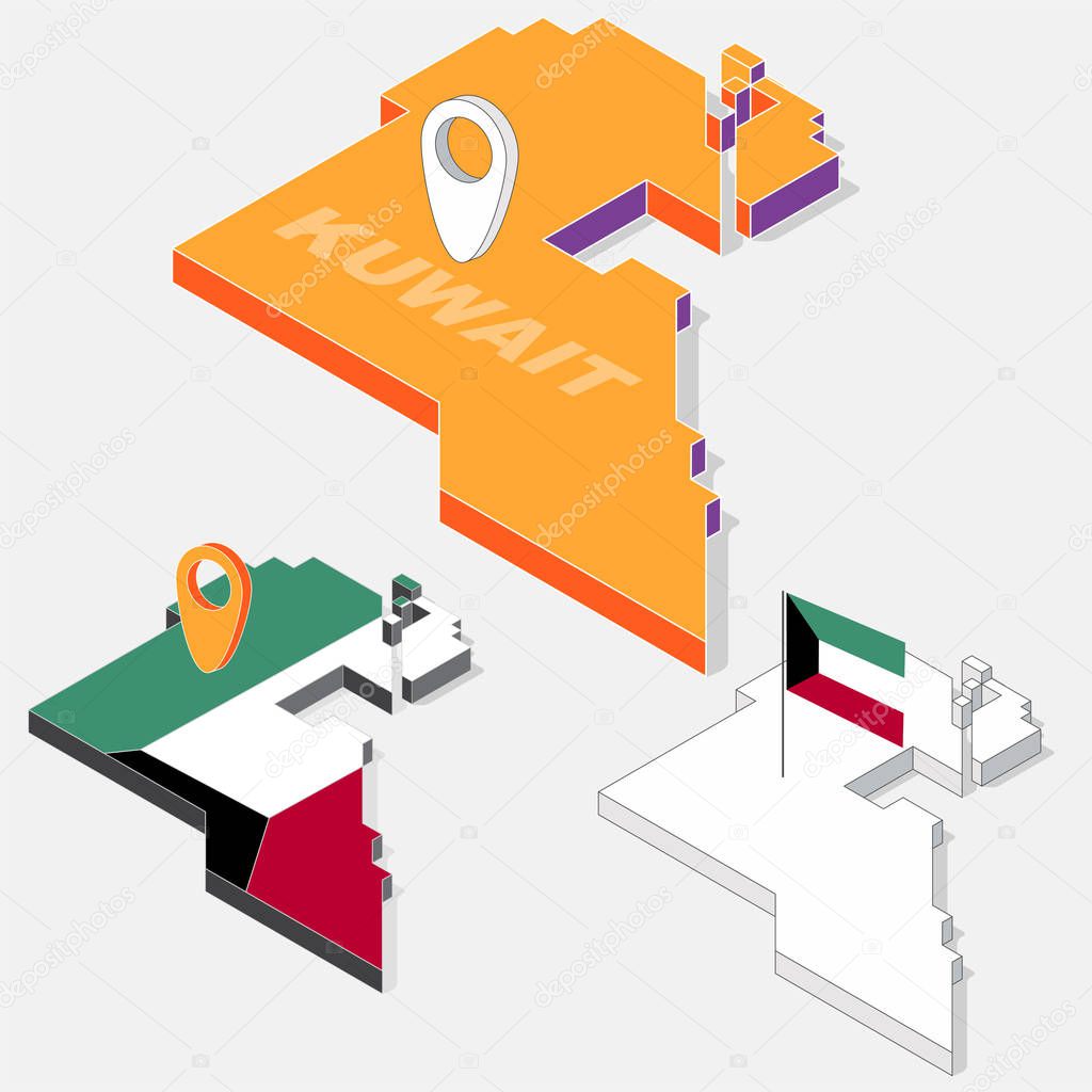 Kuwait flag on map element and 3D isometric shape isolated on background, vector illustration