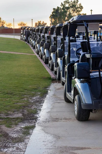 Fourteen golf carts lined up at the practice range ready for the tournament to begin