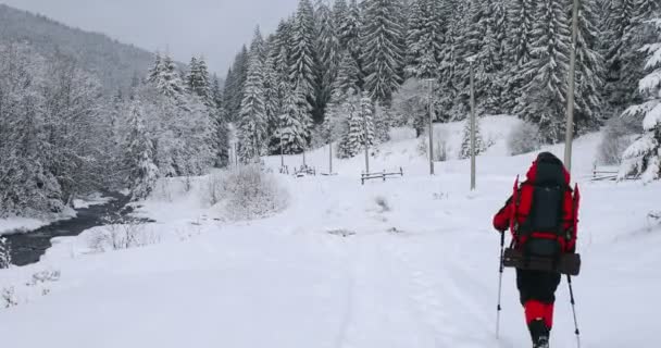 Touristische Wanderung Alleingang Den Winterbergen — Stockvideo