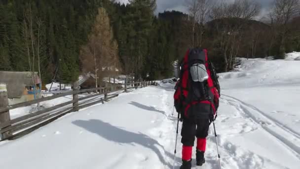 Zwei Touristen Mit Rucksäcken Stiegen Winter Aus Den Bergen — Stockvideo