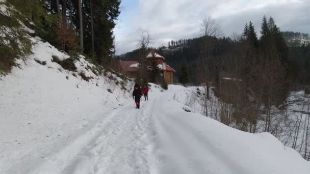 Zwei Männer Mit Rucksäcken Sind Auf Einer Winterwanderung Auf Einem — Stockvideo