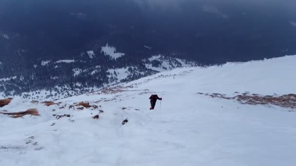 トレッキングスティックを持った男が坂を登る — ストック動画