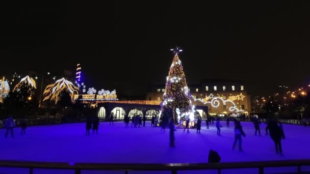 人们骑在冰球场上的圣诞树上 — 图库视频影像