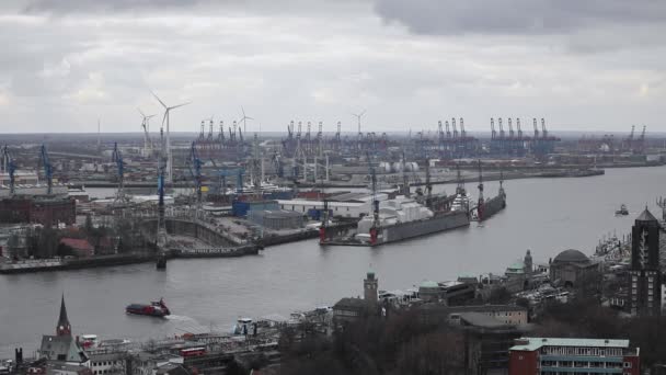 Flygfoto Över Hamnen Hamburg Molnig Dag Tyskland — Stockvideo