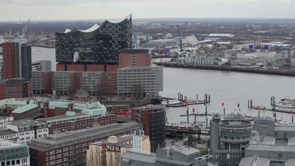 Hamburg Alemanha Março 2017 Vista Aérea Elbphilharmonie Rio Elba Hamburgo — Vídeo de Stock