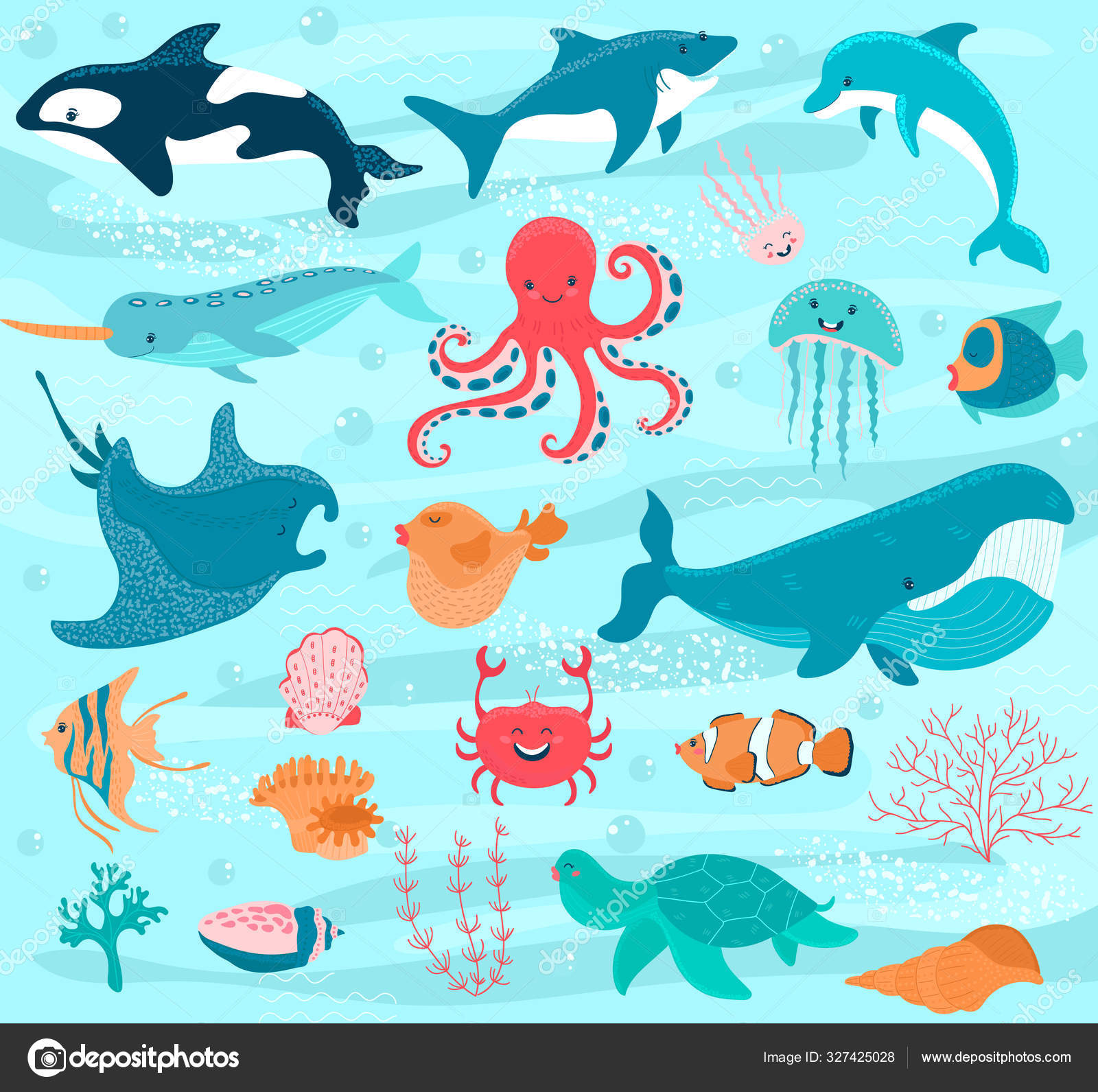 Meerestiere Vektor Cartoon Ozean Charaktere Krabbe, lustige Kraken und
