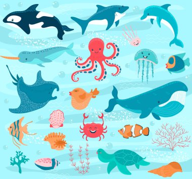 Deniz hayvanları karikatür okyanus karakterleri yengeç, komik ahtapot ve balina sualtı çizimi denizcilik setini temsil ediyor. Şirin balıklar vatozgiller, mutlu denizanaları ve deniz kabuklu yunuslar mercanlar.