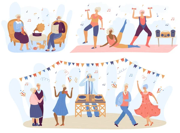 Las personas mayores activas vectoran a las personas mayores que entrenan en gimnasia, hombres y mujeres viejos escuchando música y bailando juntos. Conjunto de ilustraciones de personajes jubilados felices aislados sobre fondo blanco — Archivo Imágenes Vectoriales