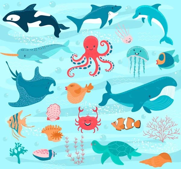 Animales marinos vector de dibujos animados personajes del océano cangrejo, pulpo divertido y ballena bajo el agua ilustración conjunto marino. Lindos peces stingray, medusas felices y lecho marino delfín con conchas corales — Vector de stock