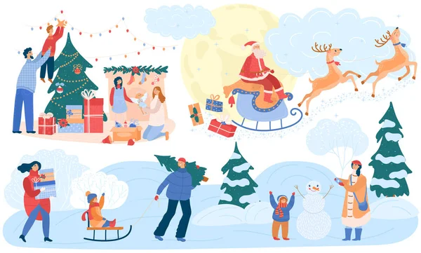 Människor på jul vektor glad kvinna och man med barn dekorera nyårsträd för att fira god jul. Illustration uppsättning av familj karaktärer spelar utomhus på vintern. Tomten i släde med rådjur — Stock vektor