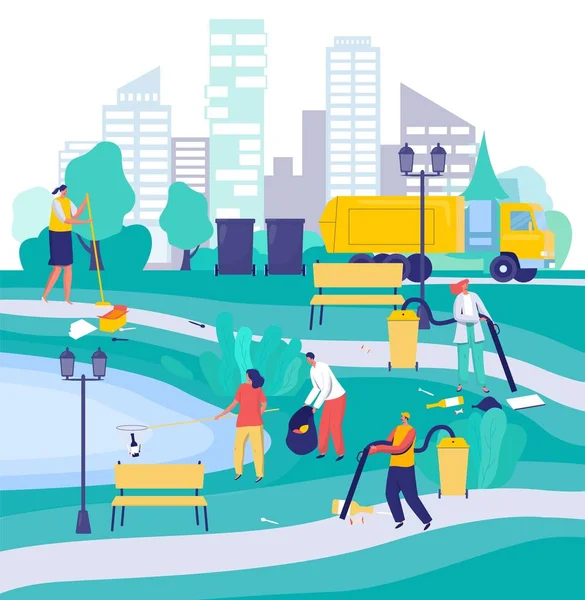 People cleaning city park, cartoon characters vector illustration — 스톡 벡터