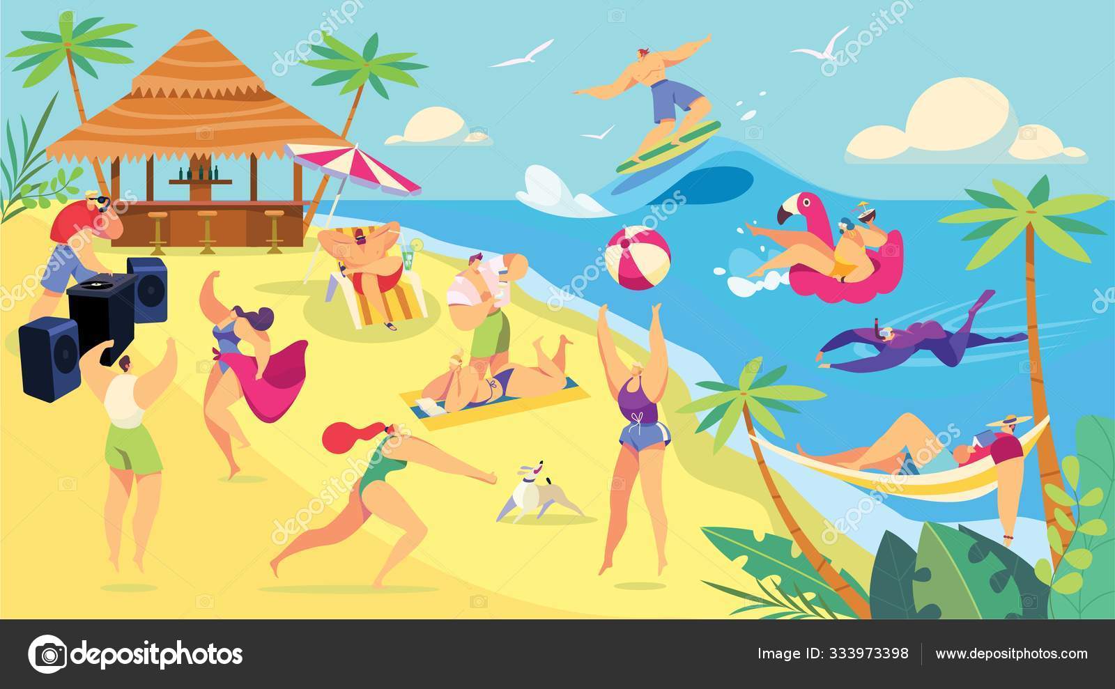 Summer vacation beach activities, cartoon characters people vector  illustration Stock Vector Image by ©seahorsevector #333973398