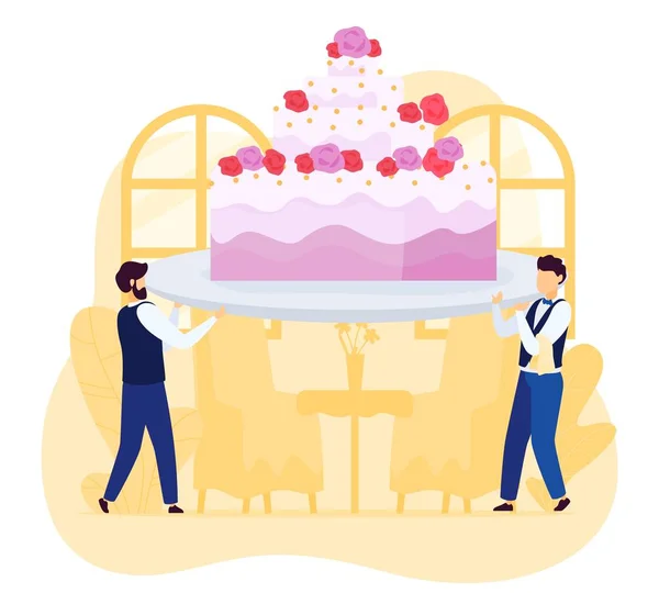 Pequeños camareros personas que llevan enorme pastel de boda al restaurante, ilustración vectorial — Archivo Imágenes Vectoriales