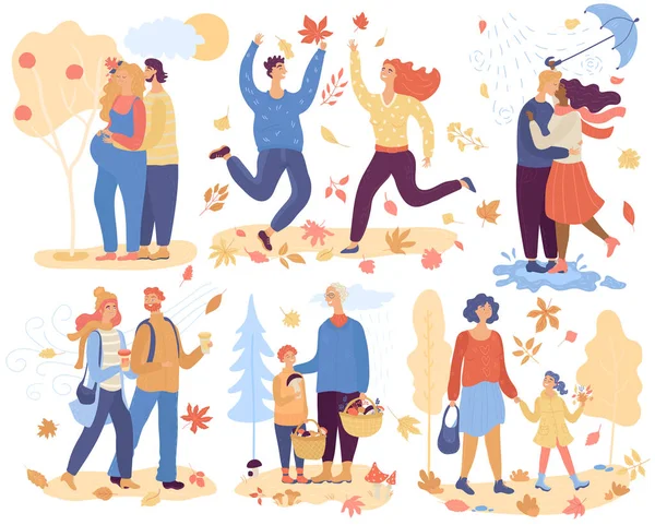 Szczęśliwi ludzie jesienią, romantyczne kochane pary wektor ilustracji — Wektor stockowy