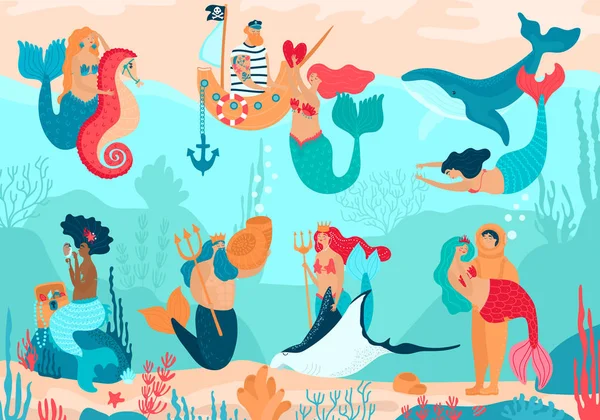 Γοργόνες κάτω από το νερό, χαρακτήρες κινουμένων σχεδίων άνθρωποι διανυσματική απεικόνιση — Διανυσματικό Αρχείο