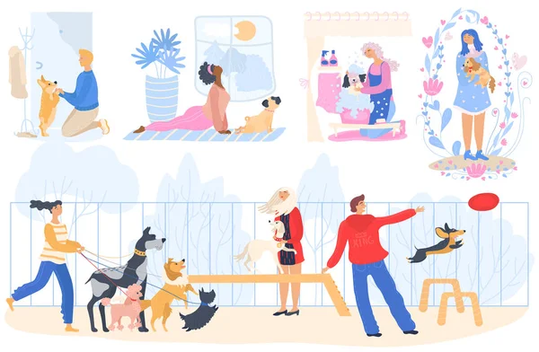 Κατοικίδια ζώα ιδιοκτήτες με σκύλους, κινούμενα σχέδια χαρακτήρες διανυσματική απεικόνιση — Διανυσματικό Αρχείο
