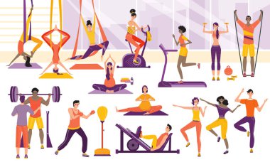 Spor salonunda spor yapan insanlar, çizgi film karakterleri, vektör çizimleri.