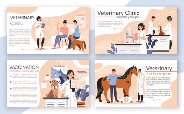 Veteriner kliniği broşürü, veteriner merkezi broşürü, vektör illüstrasyonu.