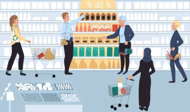 Marketteki insanlar, süpermarkette satış, vektör illüstrasyonu