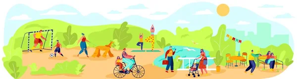 Gente feliz pasar tiempo con la familia al aire libre en el parque, estilo de vida saludable vector ilustración — Archivo Imágenes Vectoriales