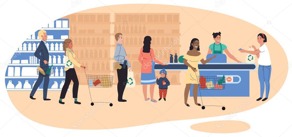 People in grocery store, line at cash desk, supermarket customers, vector illustration