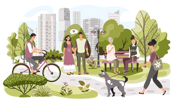 Gente en el parque de la ciudad, ocio de fin de semana en la naturaleza, ilustración vectorial. Parque de verano en metrópolis moderna — Archivo Imágenes Vectoriales