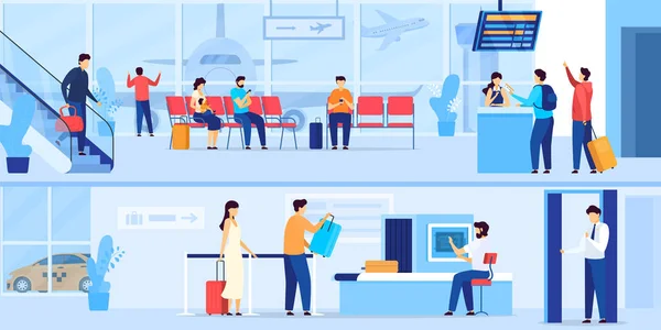 Personas que esperan en el aeropuerto, control de seguridad y registro de vuelo, ilustración vectorial — Archivo Imágenes Vectoriales