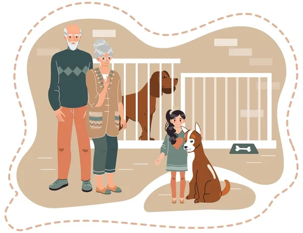 Familia adoptivo perro de refugio de animales, chica con abuelos vector ilustración — Archivo Imágenes Vectoriales
