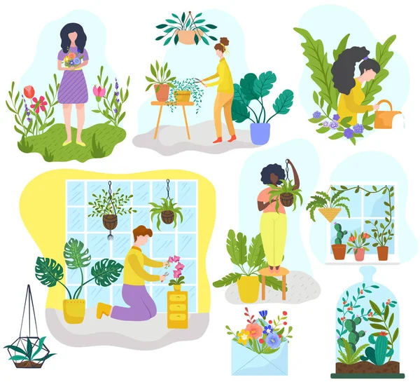 Les gens qui cultivent des plantes d'intérieur et des fleurs, jardinage illustration vectorielle passe-temps — Image vectorielle