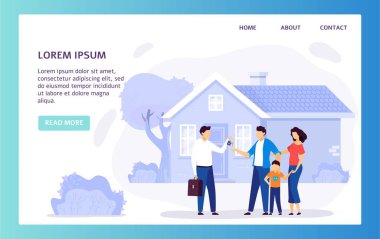 Emlak ajansı web sitesi, aile satın alma, vektör illüstrasyonu