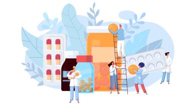 Laboratuvar koronavirüsü antivirüs aşısı antiviral biyoloji araştırma doktorları vektör çizimi kavramını benimsiyor. İlaçlar ve haplar su toplamış, vitaminler ve kapsüller reçeteli..