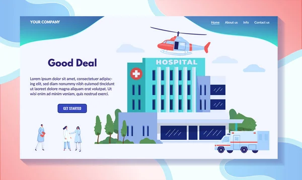 Krankenhausgebäude mit Krankenwagen und Hubschrauber, Vektor-Illustration — Stockvektor