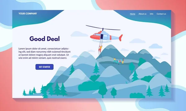 Helicopter rescue people in mountains, travel accident insurance, vector illustration — 스톡 벡터