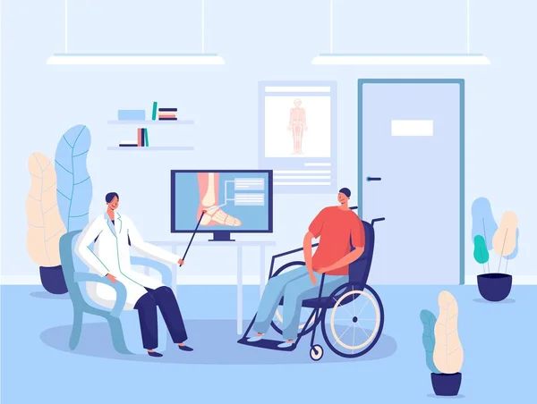 Pacjent niepełnosprawny na wózku inwalidzkim, konsultacja z lekarzem szpitalnym, ilustracja wektora — Wektor stockowy