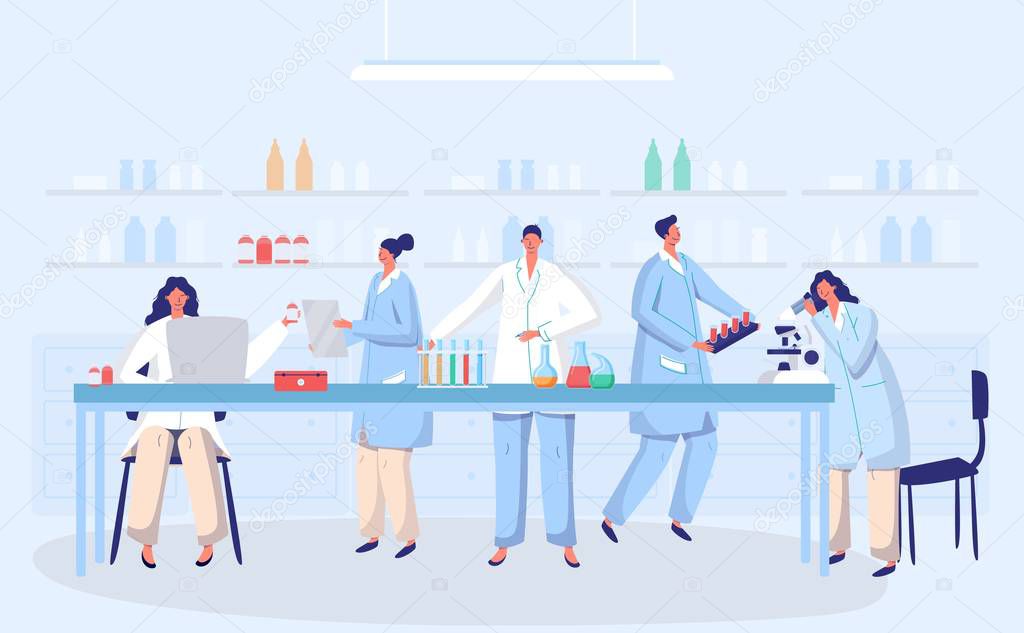 Laboratory coronavirus antivirus vaccine antiviral biology research doctors people concept with flask vector illustration. Scientists in laboratory, chemical virus researchers with lab equipment
