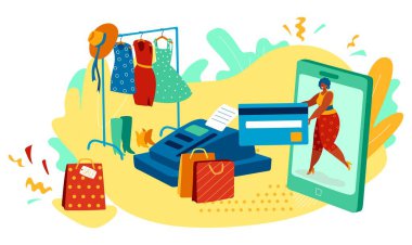Moda mağazasından alışveriş yapan kadınlar, kredi kartı ödeme vektör illüstrasyonu