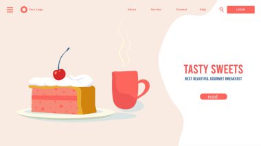 Kafe web sitesi tasarımı, bir dilim kek ve bir fincan çay, vektör illüstrasyonu