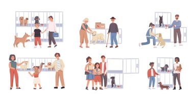 Hayvan barınağından köpek evlat edinen insanlar, vektör illüstrasyonu